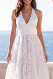 Halter Floral A Line Backless Ivory Maxi Wedding Dress