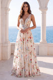 Floral A Line Ivory Embroidered V Neck Wedding Dress
