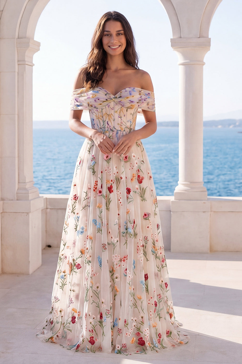 Berylove Women Off the Shoulder Wedding Dress Corset Floral A Line Ivory Embroidered Maxi Bridal Dress