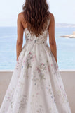 One Shoulder Ruched A Line Ivory Printed Maxi Wedding Dress