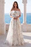 Off the Shoulder Ruffled A Line Printed Ivory Maxi Wedding Dress