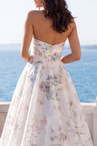 Strapless Printed Ruched A Line Ivory Maxi Wedding Dress