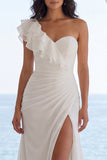 One Shoulder Ivory Ruched Ruffled Mermaid Wedding Dress
