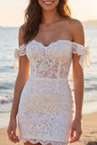Off the Shoulder Lace Corset Bodycon Mini White Dress with Bows