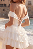 Off the Shoulder Tiered Corset Bowed Mini White Dress