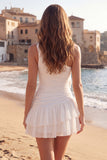 3D Flower One Shoulder Tiered Ruched Mini White Dress