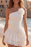 3D Flower One Shoulder Tiered Ruched Mini White Dress