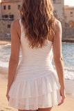 3D Flower One Shoulder Tiered Ruched Mini White Dress