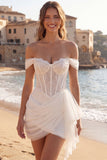 Off the Shoulder Corset Lace Ruched Mini White Dress