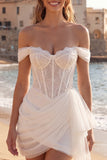 Off the Shoulder Corset Lace Ruched Mini White Dress