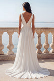 Ivory A Line Pleated Ruched V Neck Wedding Dress with Slit