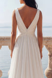Ivory A Line Pleated Ruched V Neck Wedding Dress with Slit