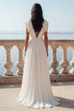 Ivory A Line Pleated V Neck Wedding Dress with Ruffles