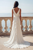 Ruffled Ruched V Neck Ivory Wedding Dress with Slit