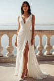 Ruched A Line Ivory V Neck Wedding Dress with Slit