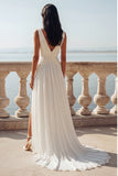 Ruched A Line Ivory V Neck Wedding Dress with Slit