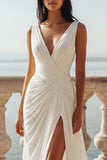 Ruched A Line Ivory V Neck Wedding Dress with Slit
