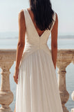 Ruched A Line Ivory V Neck Wedding Dress with Slit