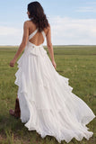 Ruffled A Line Ivory Cut Out Boho Wedding Dress with Bow