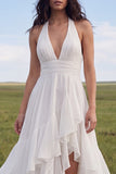 Ruffled A Line Ivory Cut Out Boho Wedding Dress with Bow