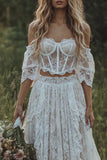 Off the Shoulder Corset 2 Piece A Line Lace Ivory Boho Wedding Dress