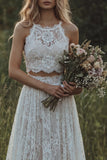 Halter Lace 2 Piece A Line Ivory Boho Wedding Dress