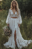 Lace 2 Piece Long Sleeve A Line Ivory Boho Wedding Dress