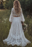 Lace 2 Piece Long Sleeve A Line Ivory Boho Wedding Dress