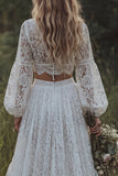 Lace 2 Piece Long Sleeve A Line Ivory Boho Wedding Dress