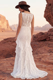 Bateau Neck Lace Mermaid Ruffled Ivory Boho Wedding Dress