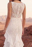 Bateau Neck Lace Mermaid Ruffled Ivory Boho Wedding Dress