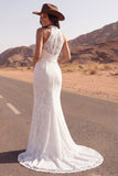 Halter Lace Mermaid Ivory Boho Wedding Dress with Slit