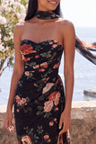 Sweetheart Black Mermaid Floral Wedding Guest Dress with Scarf