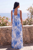Strapless Blue Floral Maxi Wedding Guest Dress with Scarf