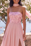 Strapless Pink A Line Wedding Guest Dress with Slit