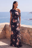 One Shoulder Sheath Ivory Floral Wedding Guest Dress with Slit