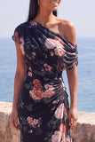 One Shoulder Sheath Ivory Floral Wedding Guest Dress with Slit