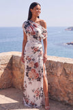 One Shoulder Sheath Ivory Floral Wedding Guest Dress with Slit
