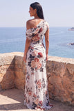 One Shoulder Sheath Ivory Floral Wedding Guest Dress with Slit