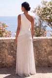 White Black One Shoulder Polka Dot Sheath Maxi Dress