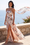Strapless A Line Ivory Floral Ruched Wedding Guest Dress with Scarf