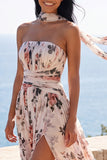 Strapless A Line Ivory Floral Ruched Wedding Guest Dress with Scarf