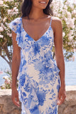 Blue Flower V-Neck Ruffled Mermaid Wedding Guest Dress