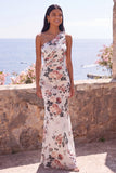 One Shoulder Mermaid Ivory Floral Wedding Guest Dress with Sash
