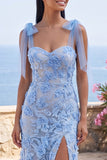 Floral Appliqued Blue Long Wedding Guest Dress with Slit