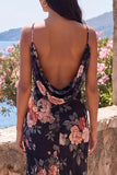 Black Mermaid Floral Spaghetti Straps Wedding Guest Dress