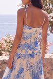 Blue Floral A Line Spaghetti Straps Wedding Guest Dress