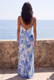 Blue Floral Ruffled Sheath Spaghetti Straps Wedding Guest Dress