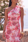 One Shoulder Pink Floral Mermaid Wedding Guest Dress with Slit