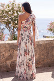 One Shoulder Floral Ivory Wedding Guest Dress with Slit
